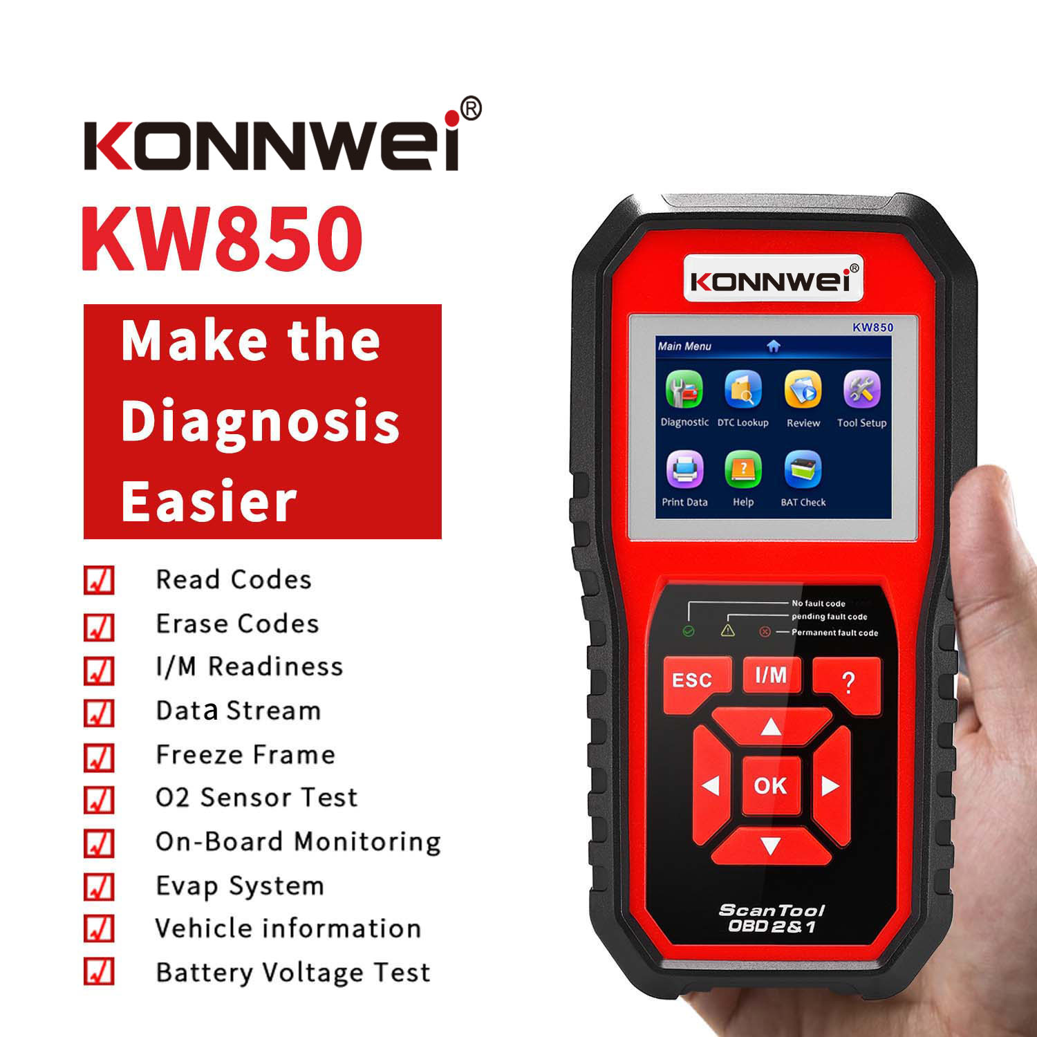 KONNWEI OBD2 Scanner Professional Car OBD II Scanner Auto Diagnostic Fault  Code Reader Automotive Check Engine Light Diagnostic EOBD Scan Tool for All